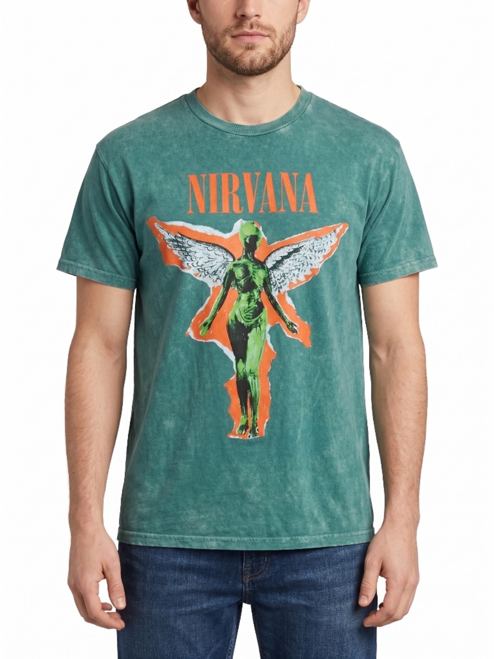 Nirvana Band T-Shirt Mens Medium Teal Short Sleeve Graphic Print Rock Music Tee